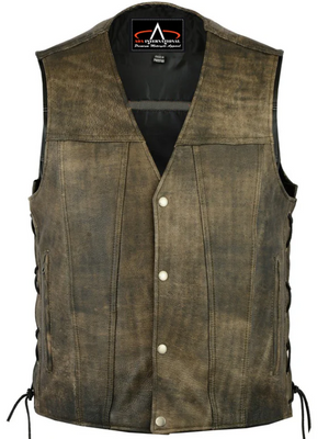 Men's Antique Brown Biker Vest with Square Bottom & V-Neck and Lace Sides