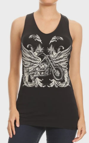 V-Neck Black Racerback Tank Top Ladies Motorcycle Fashion Top