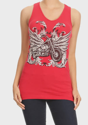 V-Neck Red Racerback Tank Top Ladies Motorcycle Fashion Top