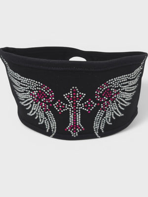 Large Cross w/ Wings Hot Pink Lady Biker Pony Tail Headwrap w/ Bling
