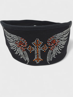 Large Cross w/ Wings Orange Lady Biker Pony Tail Headwrap w/ Bling