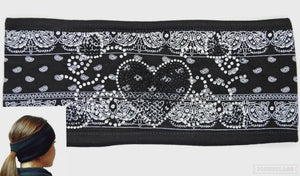 Heart Vine Blk Silver Paisley Lady Biker Pony Tail Bling Headwrap