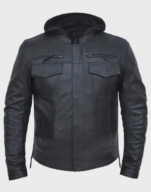 MENS LEATHER JEAN STYLE Premium Motorcycle Riding Jacket with Hoody