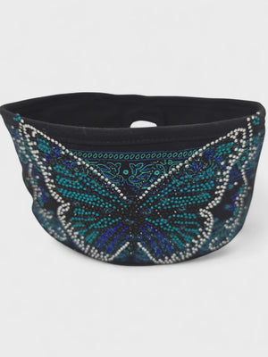Butterfly Teal Electric Blue Paisley Lady Biker Pony Tail Headwrap w/ Bling