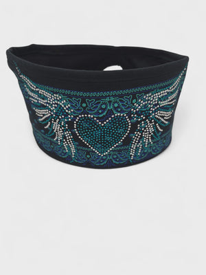 Heart Wings Teal Paisley Lady Biker Pony Tail Headwrap w/ Bling