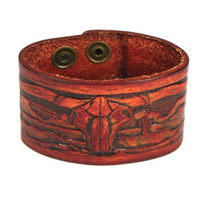 ANTIQUE FINISH LEATHER WRISTBAND- LONGHORN STAMPED