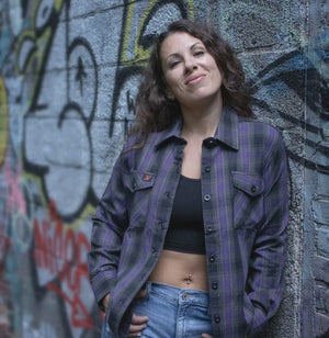Women's Flannel Casual Black with Purple Long Sleeve Cotton Shirt