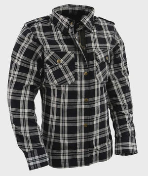Women’s Armored Flannel Biker Shirt with CE Approved Armor - Reinforced w/ Aramid Fiber im Plaid Black and White Color