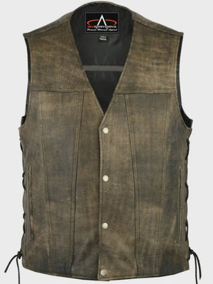 Men's Antique Brown Biker Vest with Square Bottom & V-Neck and Lace Sides