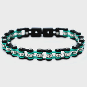 3/8" Wide Black Aquamarine With White Crystal Centers Stainless Steel Motorcycle Bike Chain Bracelet