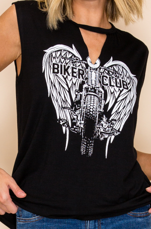 Biker Club Printed Jersey Tank Top w/ Cut out Neck Detail