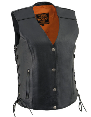 Women's Classic Black Leather V-Neck Side Lace Motorcycle Rider Vest w/ Snap Closure